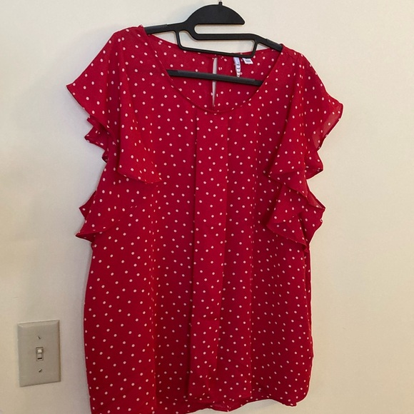Elle XL High Low Flowy Red w/ White Polka Dots Ruffle Sleeves Blouse Top 🤍❤️ - Picture 3 of 12